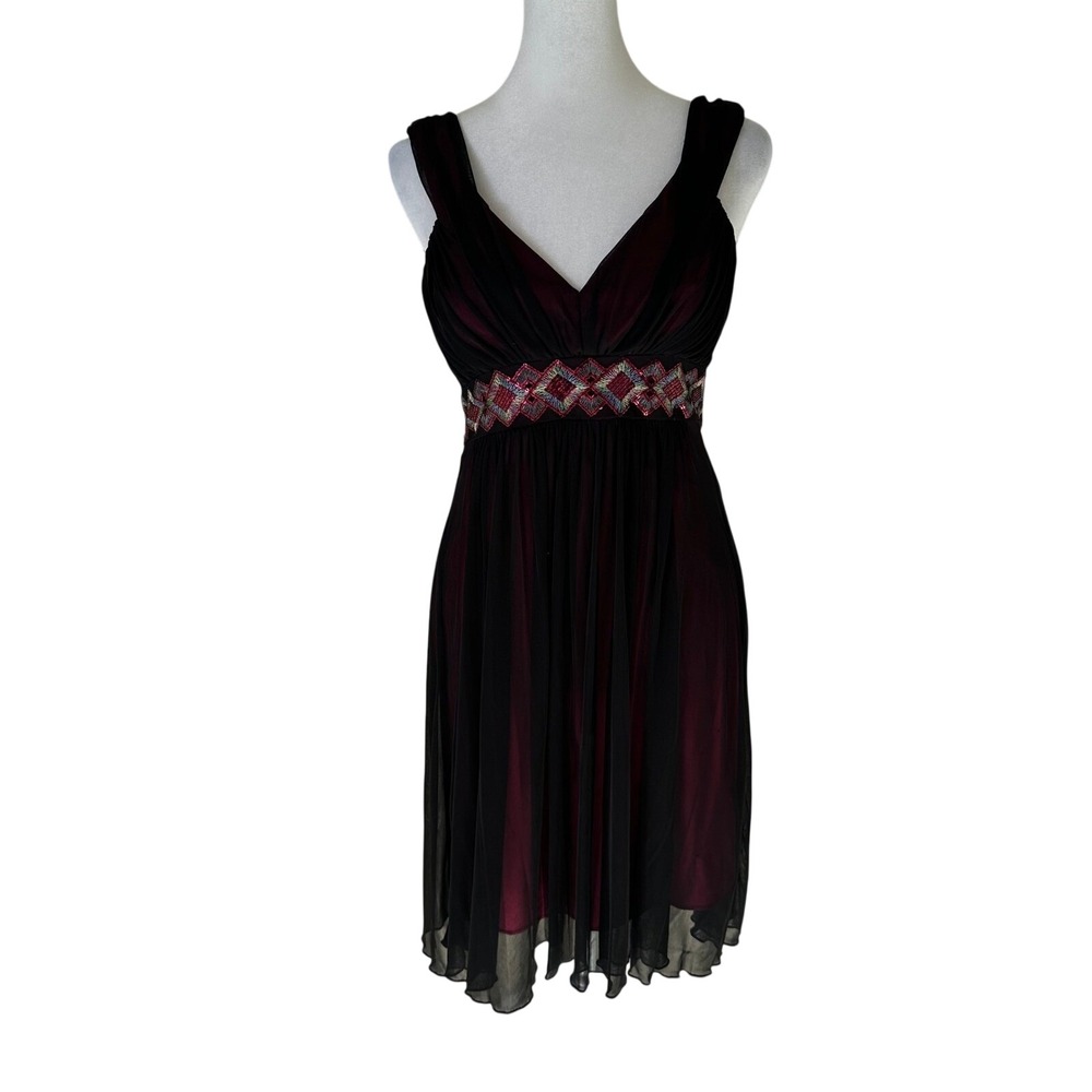 Vtg City Triangle Mesh Overlay Dress M Burgundy Black Sequin Babydoll Empire Y2K